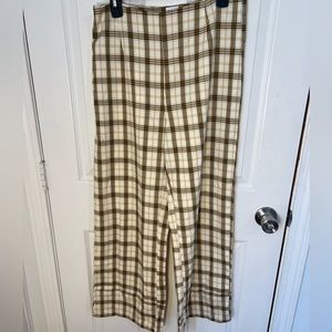 Lightweight, plaid, neutral colors, wide leg trousers